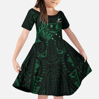 Custom New Zealand Fishing Family Matching Off Shoulder Short Dress and Hawaiian Shirt Maori Tribal Pattern LT05 Daughter's Dress Black - Polynesian Pride