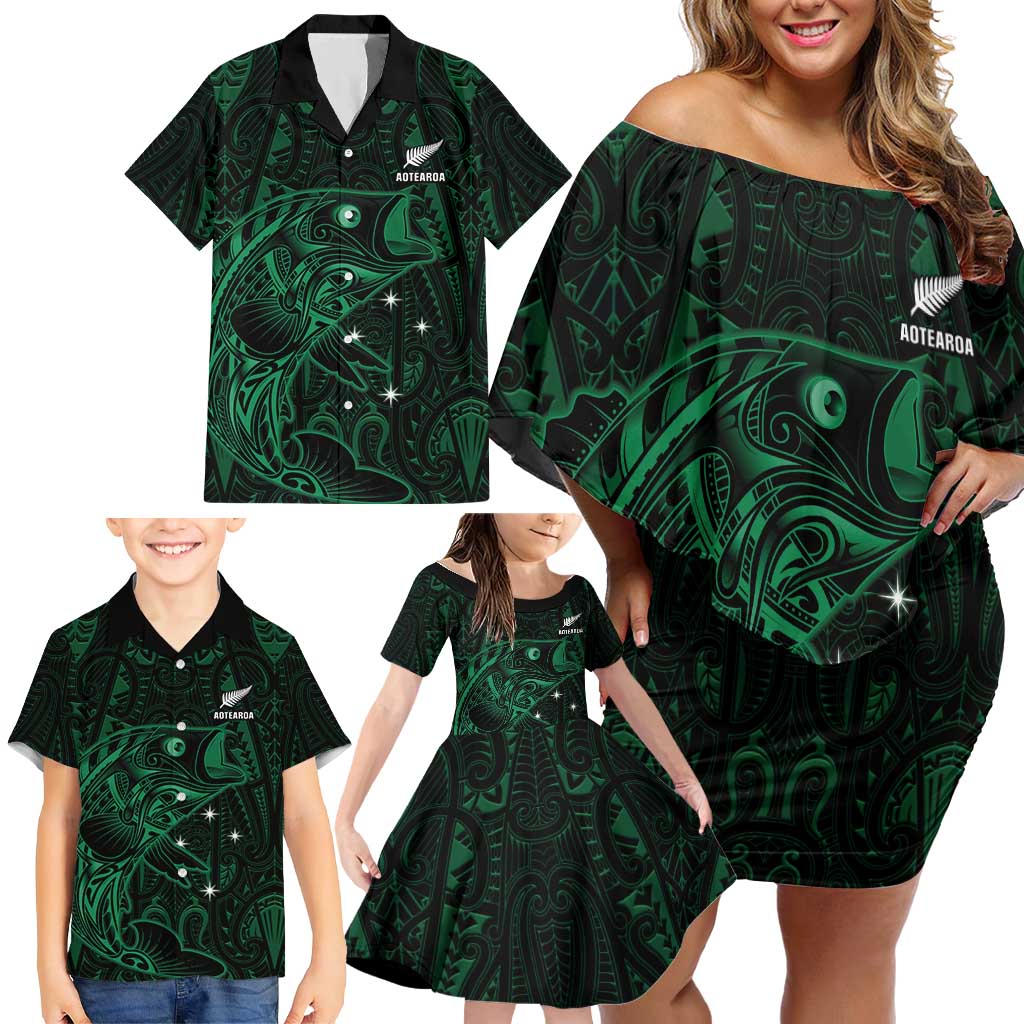 Custom New Zealand Fishing Family Matching Off Shoulder Short Dress and Hawaiian Shirt Maori Tribal Pattern LT05 - Polynesian Pride