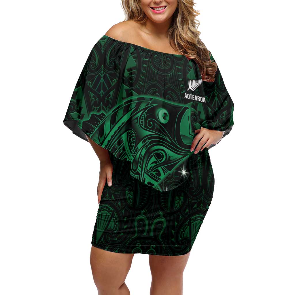 Custom New Zealand Fishing Family Matching Off Shoulder Short Dress and Hawaiian Shirt Maori Tribal Pattern LT05 Mom's Dress Black - Polynesian Pride