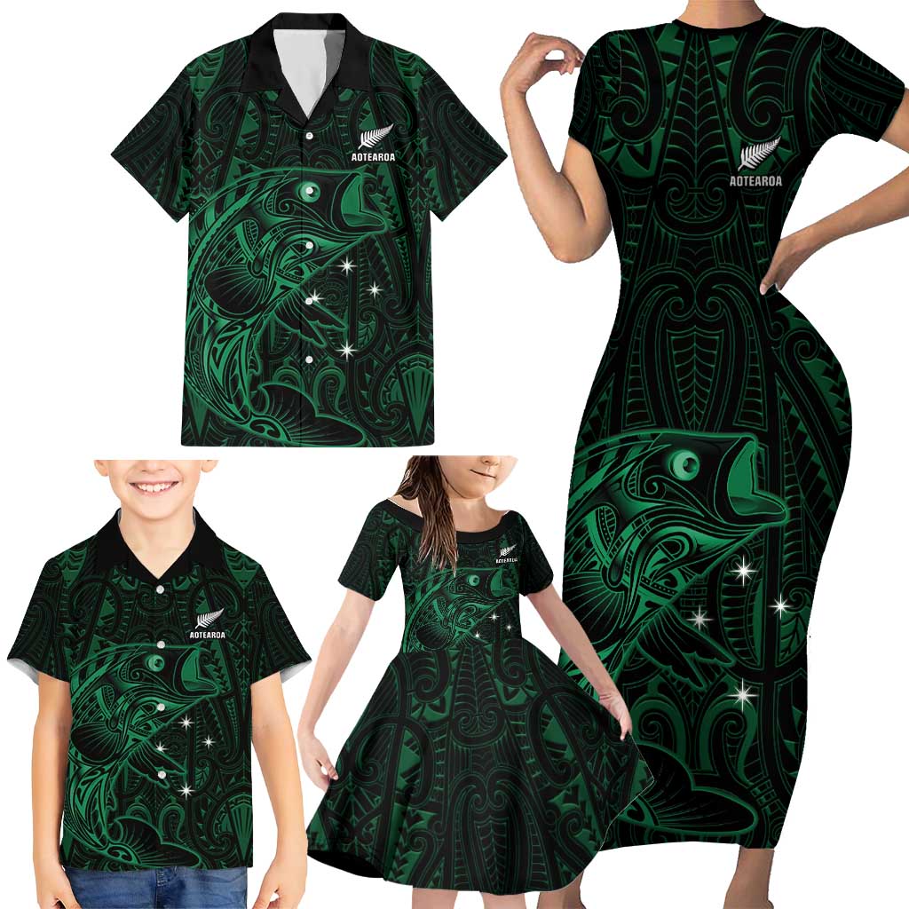 Custom New Zealand Fishing Family Matching Short Sleeve Bodycon Dress and Hawaiian Shirt Maori Tribal Pattern LT05 - Polynesian Pride