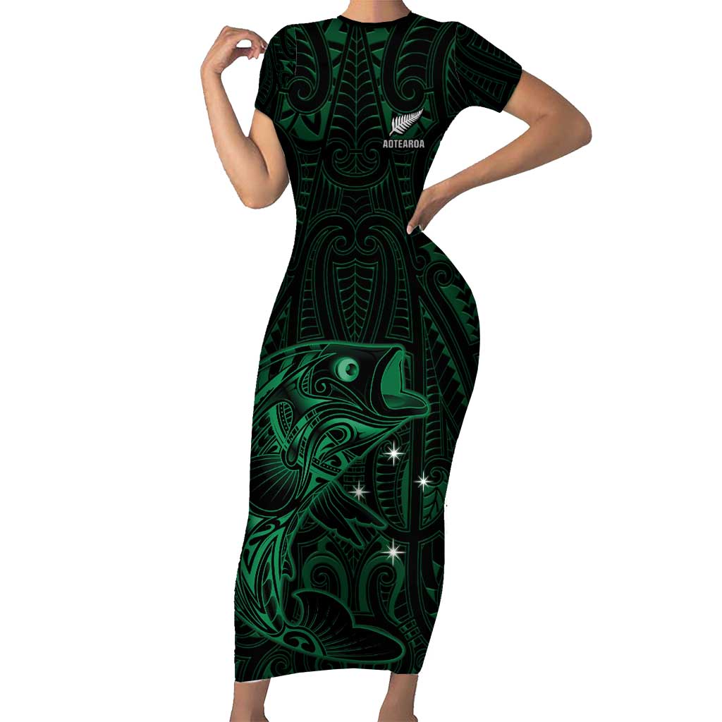Custom New Zealand Fishing Family Matching Short Sleeve Bodycon Dress and Hawaiian Shirt Maori Tribal Pattern LT05 Mom's Dress Black - Polynesian Pride