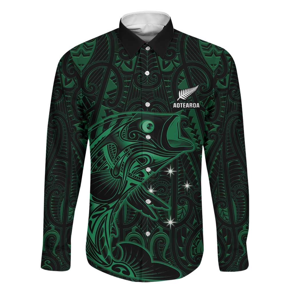 Custom New Zealand Fishing Family Matching Summer Maxi Dress and Hawaiian Shirt Maori Tribal Pattern LT05 Dad's Shirt - Long Sleeve Black - Polynesian Pride