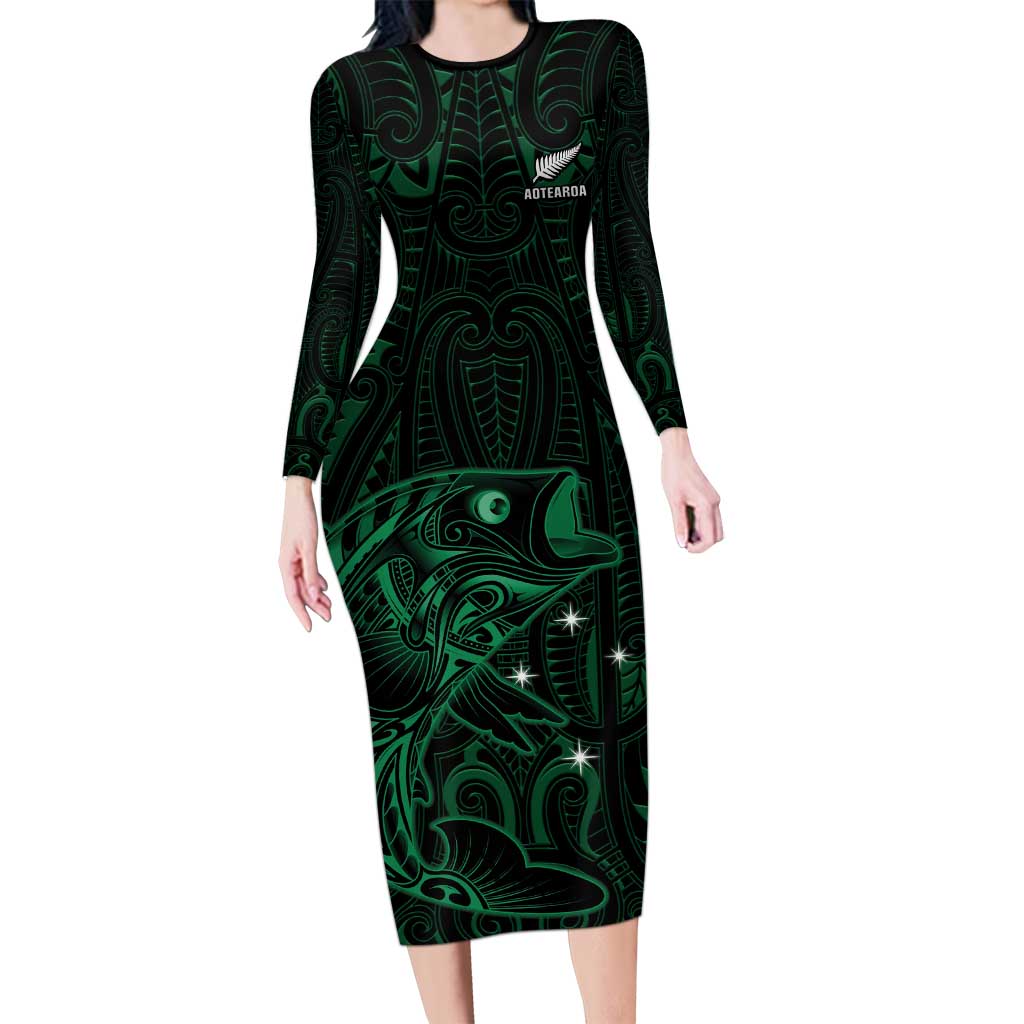Custom New Zealand Fishing Long Sleeve Bodycon Dress Maori Tribal Pattern - Polynesian Pride