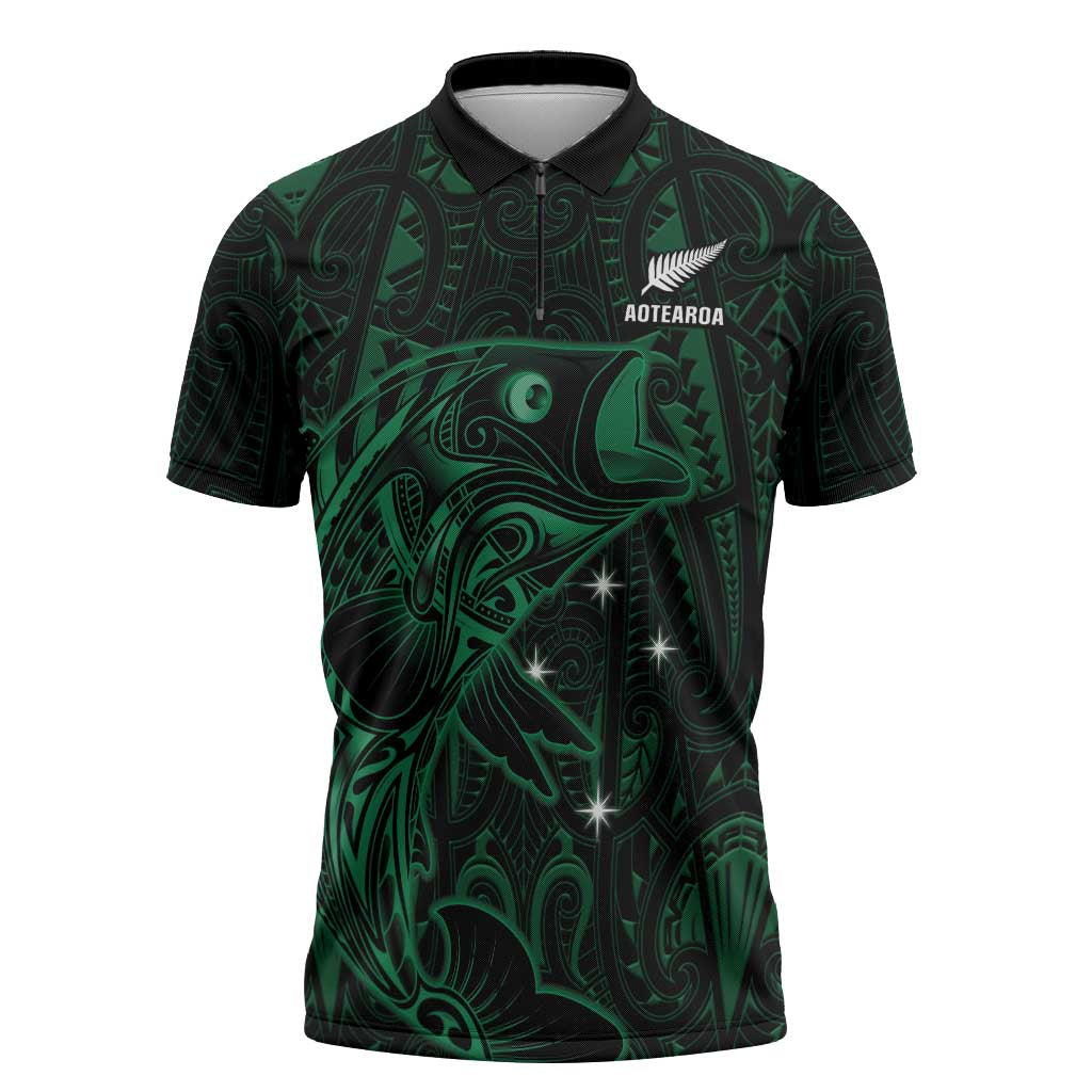 Custom New Zealand Fishing Zipper Polo Shirt Maori Tribal Pattern - Polynesian Pride