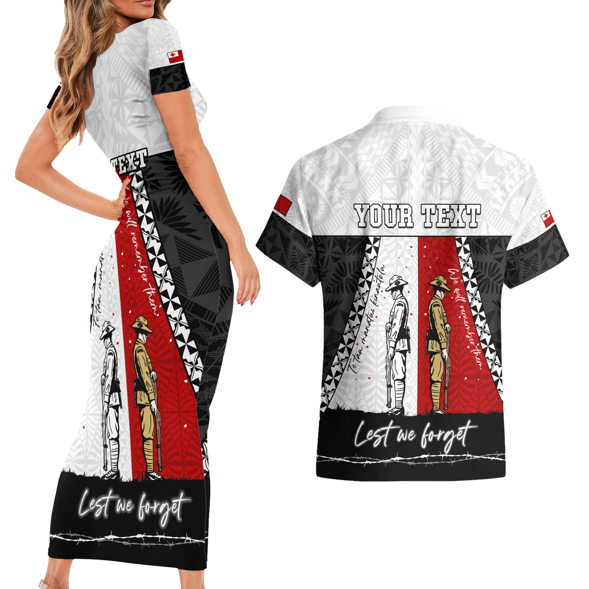 Personalised Tonga ANZAC Day Te Tau Manatui Kinautolu Couples Matching Short Sleeve Bodycon Dress and Hawaiian Shirt Lest We Forget LT05 - Polynesian Pride