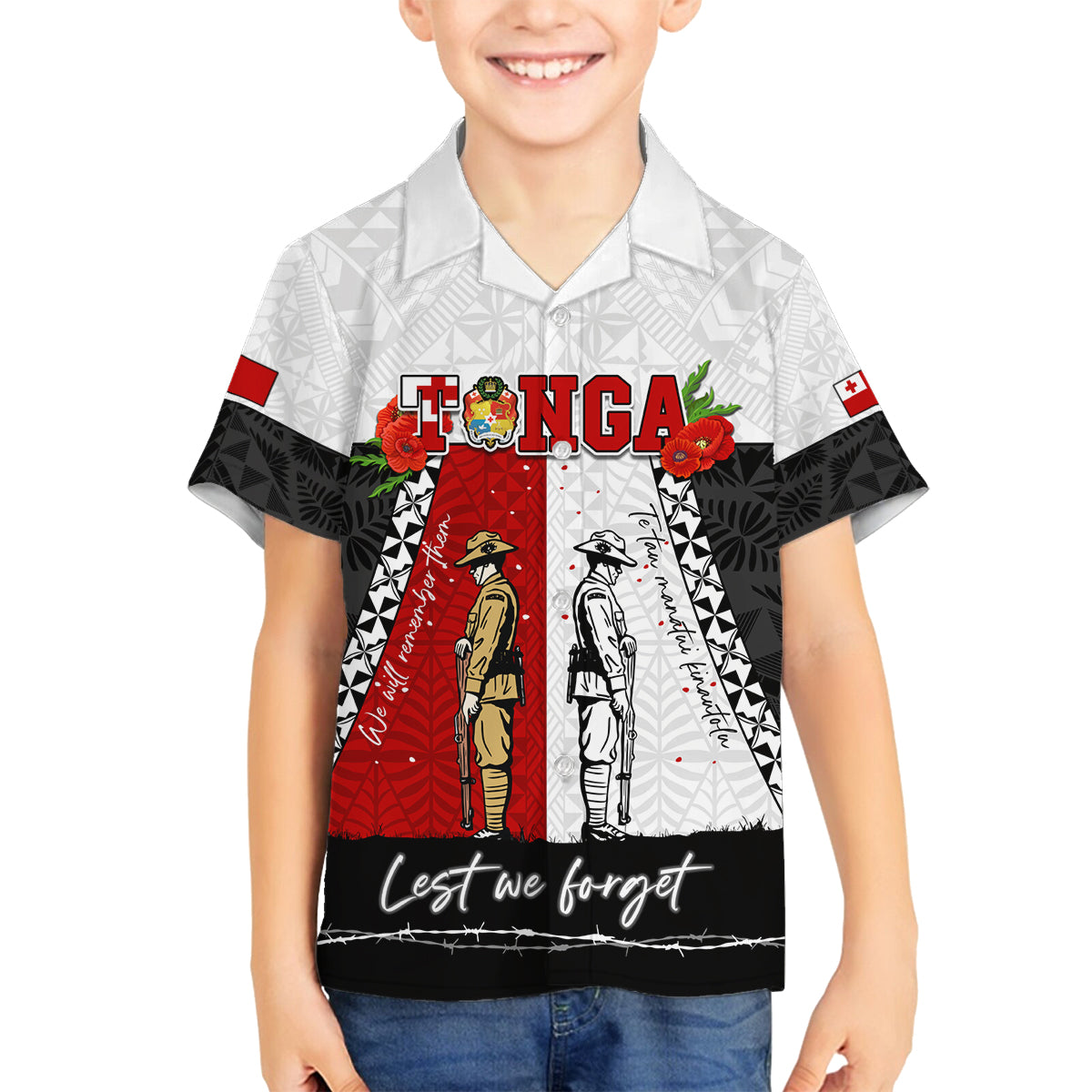 Personalised Tonga ANZAC Day Te Tau Manatui Kinautolu Family Matching Long Sleeve Bodycon Dress and Hawaiian Shirt Lest We Forget LT05 Son's Shirt White - Polynesian Pride
