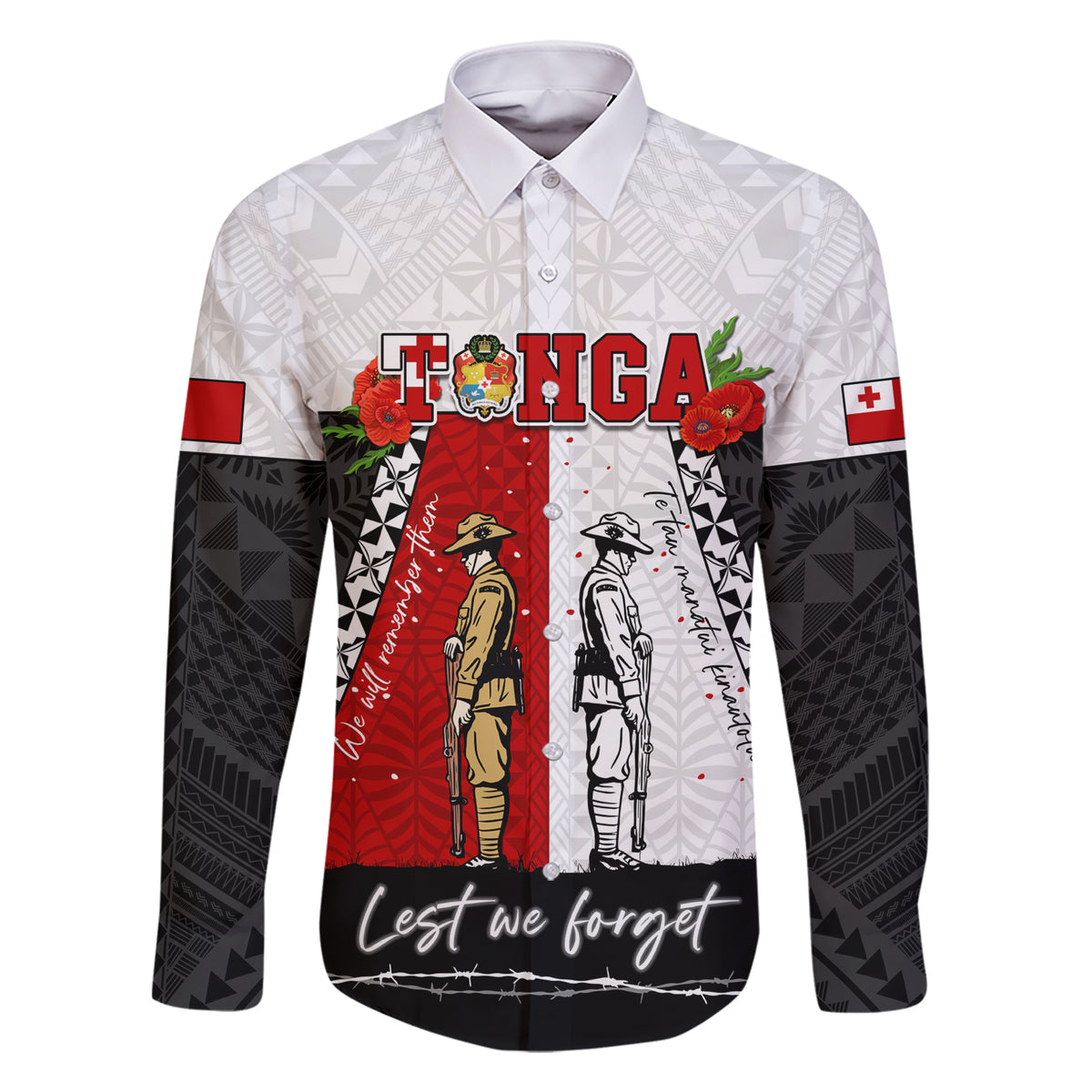 Personalised Tonga ANZAC Day Te Tau Manatui Kinautolu Family Matching Short Sleeve Bodycon Dress and Hawaiian Shirt Lest We Forget LT05 Dad's Shirt - Long Sleeve White - Polynesian Pride