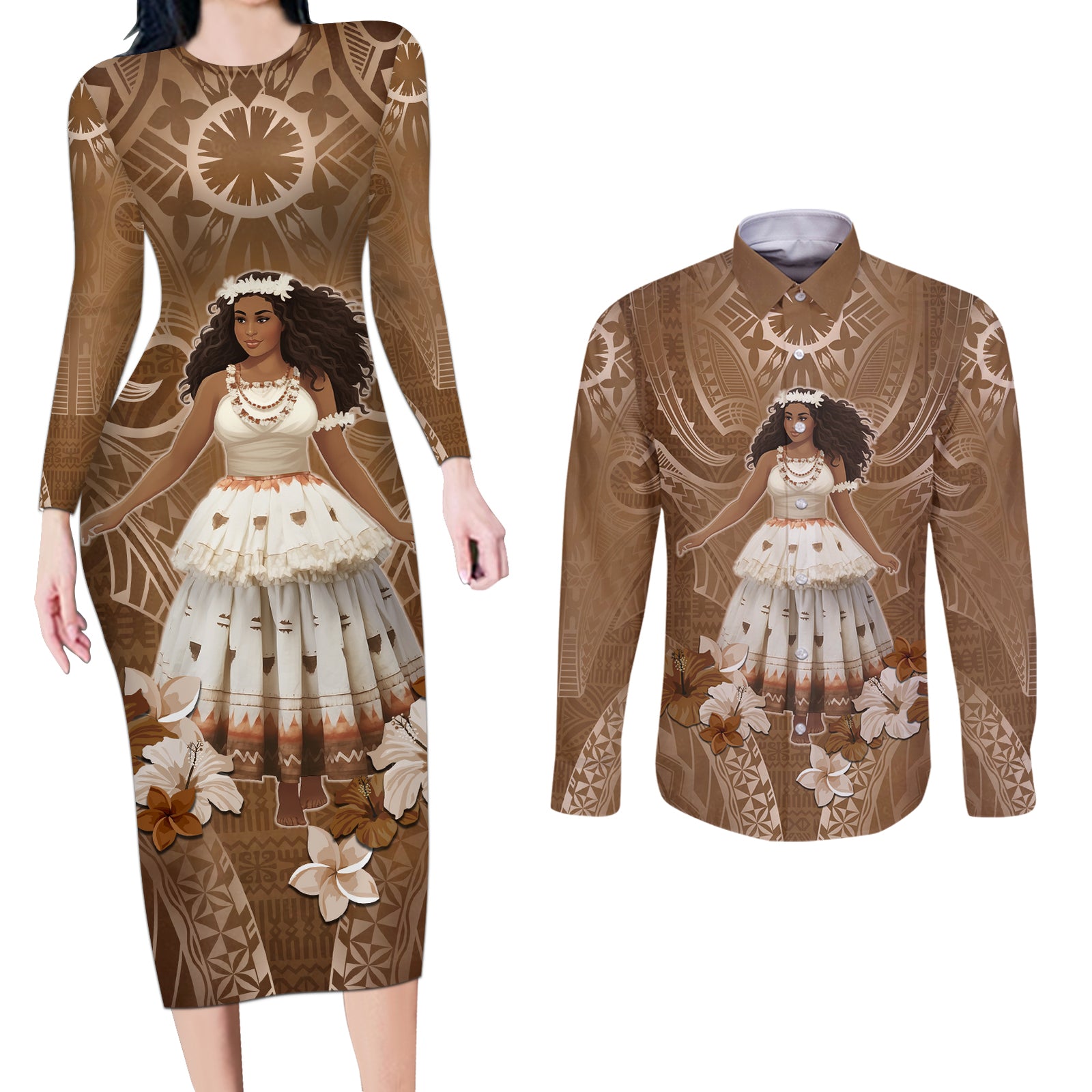 Bula Fiji Women's Day Couples Matching Long Sleeve Bodycon Dress and Long Sleeve Button Shirt With Fijian Tapa Pattern LT05 Brown - Polynesian Pride