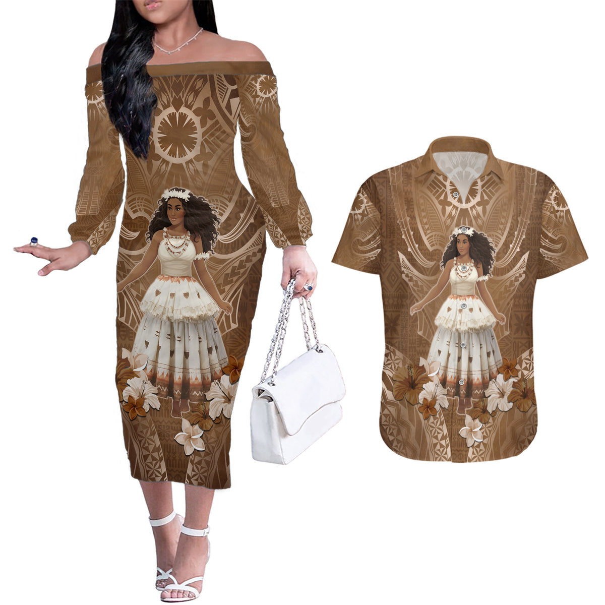 Bula Fiji Women's Day Couples Matching Off The Shoulder Long Sleeve Dress and Hawaiian Shirt With Fijian Tapa Pattern LT05 Brown - Polynesian Pride
