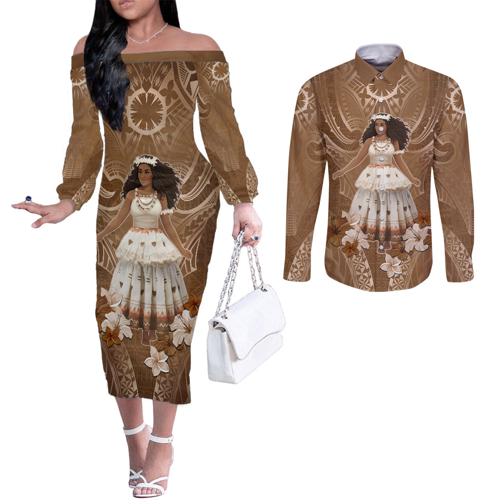 Bula Fiji Women's Day Couples Matching Off The Shoulder Long Sleeve Dress and Long Sleeve Button Shirt With Fijian Tapa Pattern LT05 Brown - Polynesian Pride