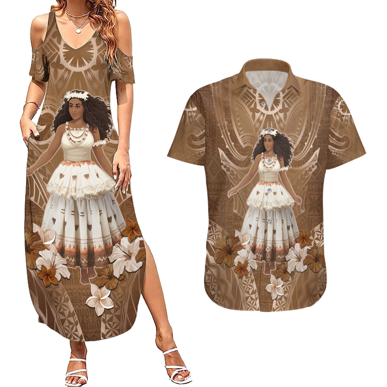Bula Fiji Women's Day Couples Matching Summer Maxi Dress and Hawaiian Shirt With Fijian Tapa Pattern LT05 Brown - Polynesian Pride
