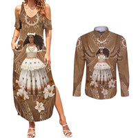 Bula Fiji Women's Day Couples Matching Summer Maxi Dress and Long Sleeve Button Shirt With Fijian Tapa Pattern LT05 Brown - Polynesian Pride
