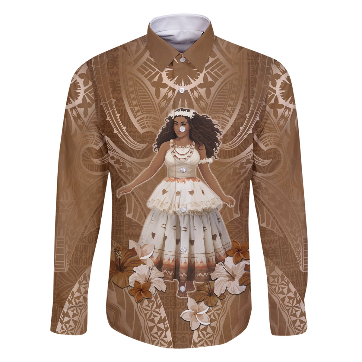 Bula Fiji Women's Day Family Matching Tank Maxi Dress and Hawaiian Shirt With Fijian Tapa Pattern LT05 Dad's Shirt - Long Sleeve Brown - Polynesian Pride