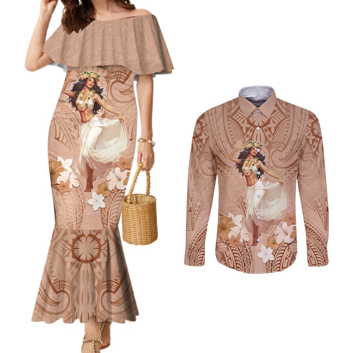 Hawaii Women's Day Couples Matching Mermaid Dress and Long Sleeve Button Shirt With Polynesian Pattern LT05 Brown - Polynesian Pride