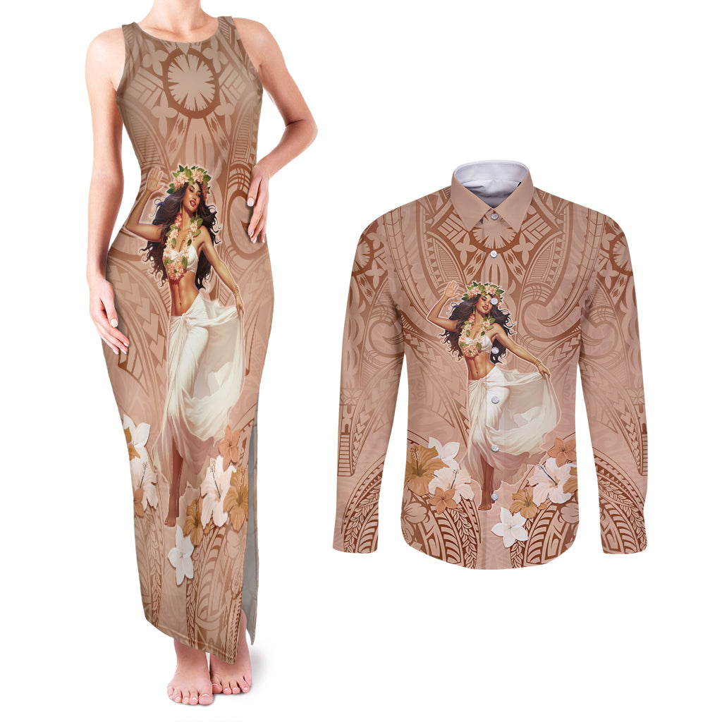 Hawaii Women's Day Couples Matching Tank Maxi Dress and Long Sleeve Button Shirt With Polynesian Pattern LT05 Brown - Polynesian Pride