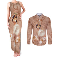 Hawaii Women's Day Couples Matching Tank Maxi Dress and Long Sleeve Button Shirt With Polynesian Pattern LT05 Brown - Polynesian Pride