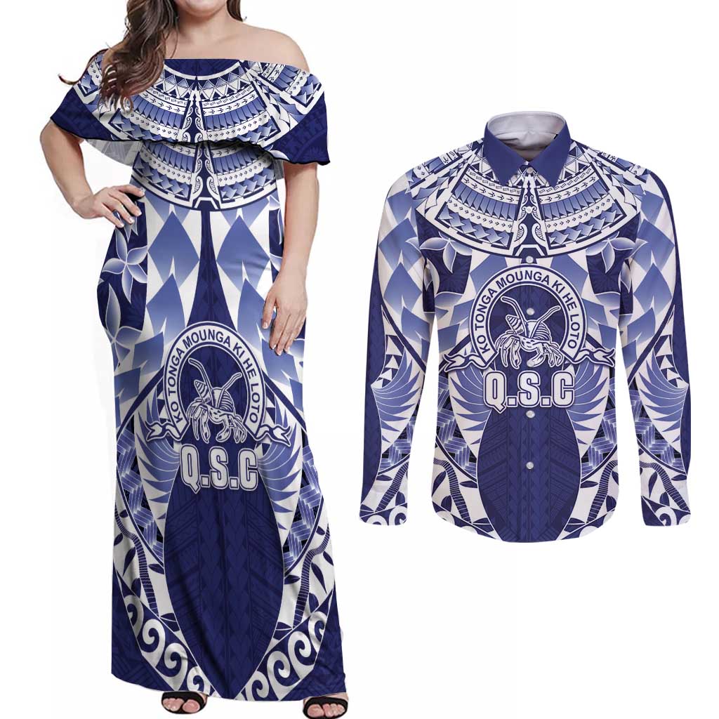 Personalised Tonga Queen Salote College Couples Matching Off Shoulder Maxi Dress and Long Sleeve Button Shirt Centenary Navy Version