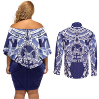 Personalised Tonga Queen Salote College Couples Matching Off Shoulder Short Dress and Long Sleeve Button Shirt Centenary Navy Version