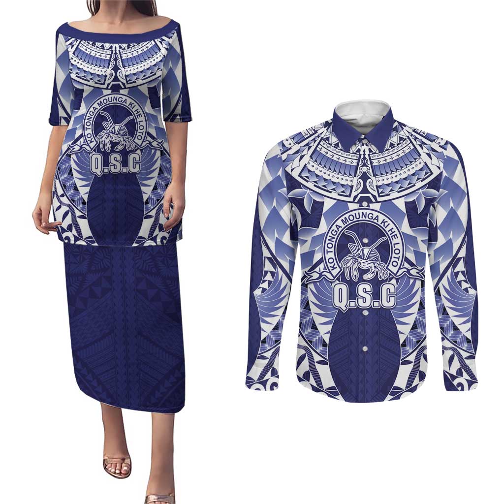 Personalised Tonga Queen Salote College Couples Matching Puletasi and Long Sleeve Button Shirt Centenary Navy Version