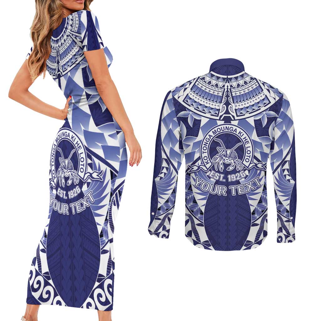 Personalised Tonga Queen Salote College Couples Matching Short Sleeve Bodycon Dress and Long Sleeve Button Shirt Centenary Navy Version