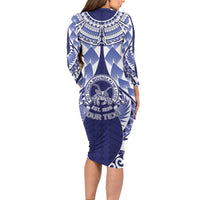 Personalised Tonga Queen Salote College Family Matching Long Sleeve Bodycon Dress and Hawaiian Shirt Centenary Navy Version