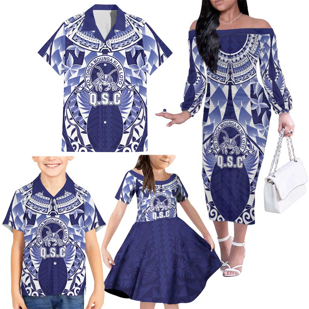 Personalised Tonga Queen Salote College Family Matching Off The Shoulder Long Sleeve Dress and Hawaiian Shirt Centenary Navy Version