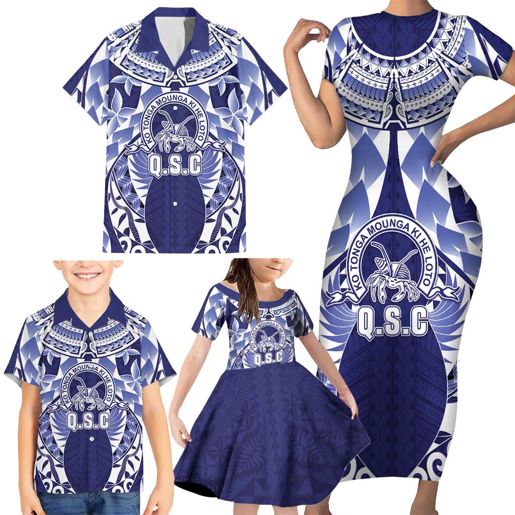 Personalised Tonga Queen Salote College Family Matching Short Sleeve Bodycon Dress and Hawaiian Shirt Centenary Navy Version