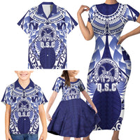 Personalised Tonga Queen Salote College Family Matching Short Sleeve Bodycon Dress and Hawaiian Shirt Centenary Navy Version