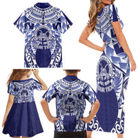 Personalised Tonga Queen Salote College Family Matching Short Sleeve Bodycon Dress and Hawaiian Shirt Centenary Navy Version