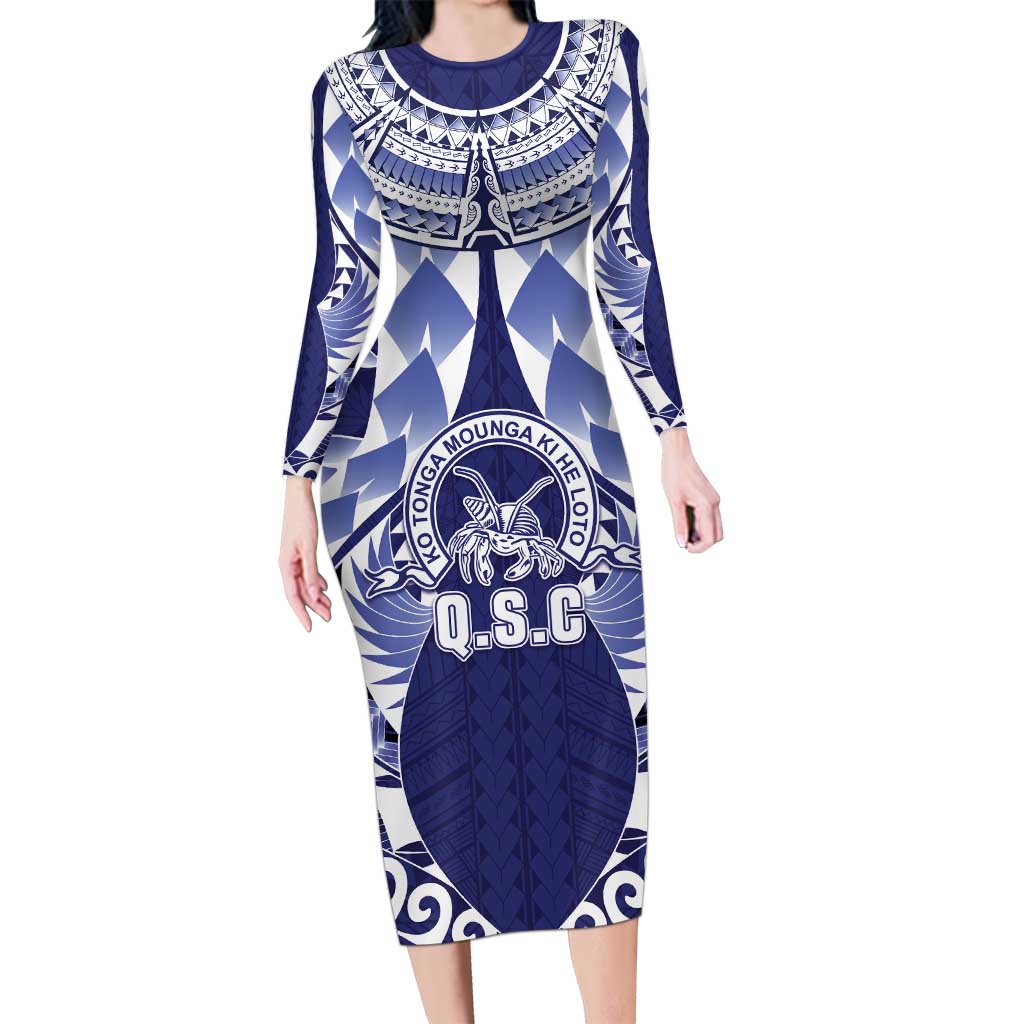 Personalised Tonga Queen Salote College Long Sleeve Bodycon Dress Centenary Navy Version