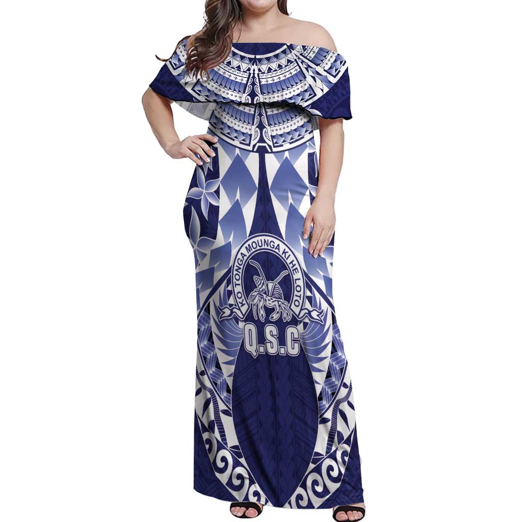 Personalised Tonga Queen Salote College Off Shoulder Maxi Dress Centenary Navy Version