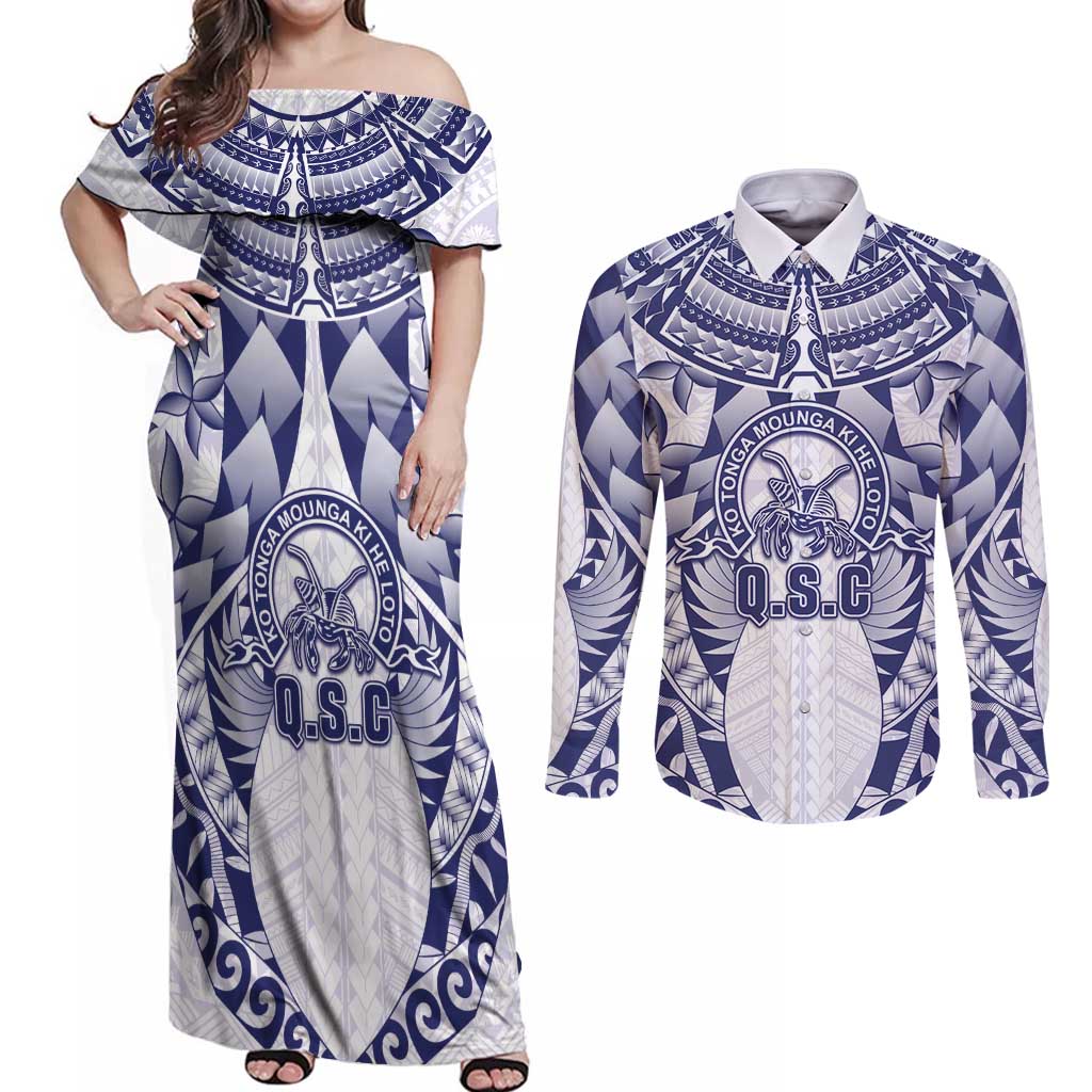 Personalised Tonga Queen Salote College Couples Matching Off Shoulder Maxi Dress and Long Sleeve Button Shirt Centenary White Version