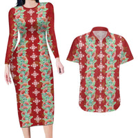 Hawaii Ohia Lehua Couples Matching Long Sleeve Bodycon Dress and Hawaiian Shirt Tropical Vibes Crimson