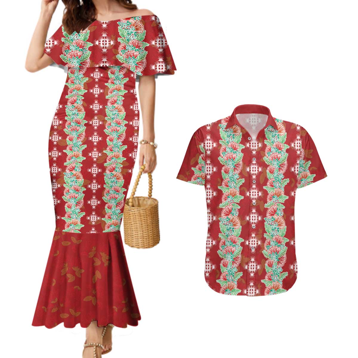 Hawaii Ohia Lehua Couples Matching Mermaid Dress and Hawaiian Shirt Tropical Vibes Crimson