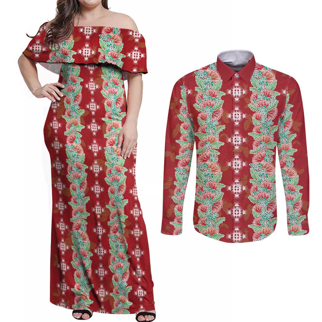Hawaii Ohia Lehua Couples Matching Off Shoulder Maxi Dress and Long Sleeve Button Shirt Tropical Vibes Crimson