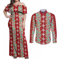 Hawaii Ohia Lehua Couples Matching Off Shoulder Maxi Dress and Long Sleeve Button Shirt Tropical Vibes Crimson