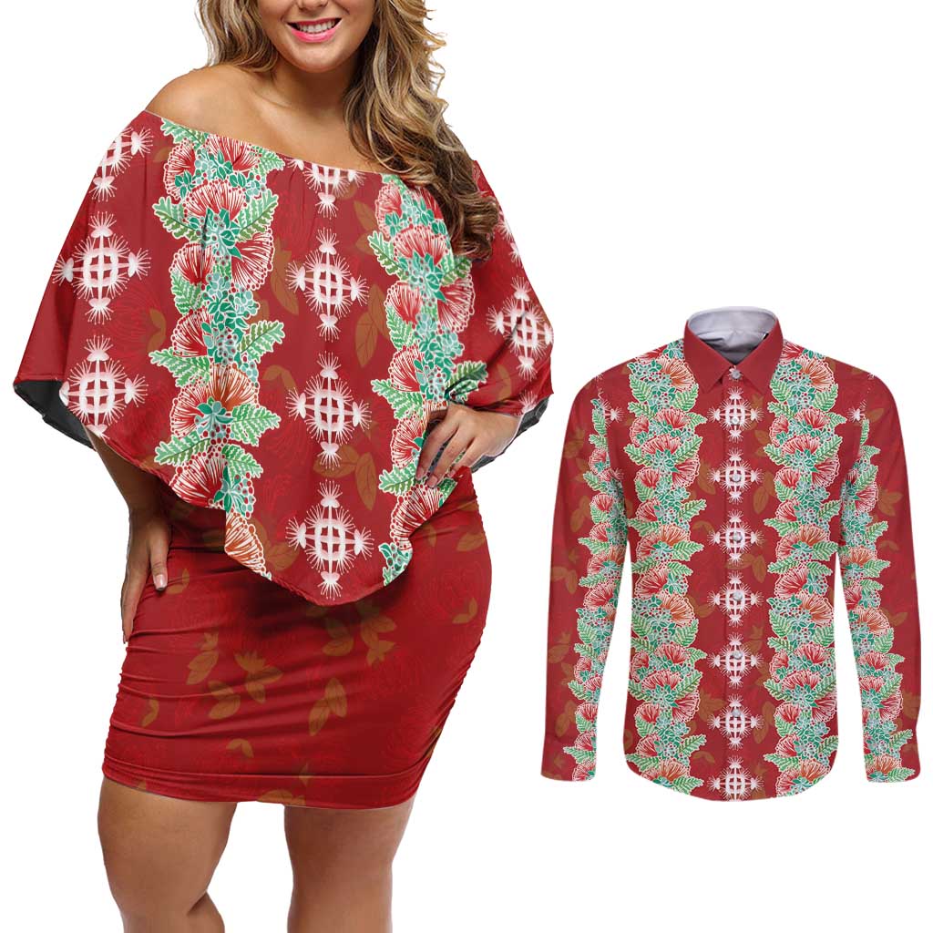 Hawaii Ohia Lehua Couples Matching Off Shoulder Short Dress and Long Sleeve Button Shirt Tropical Vibes Crimson