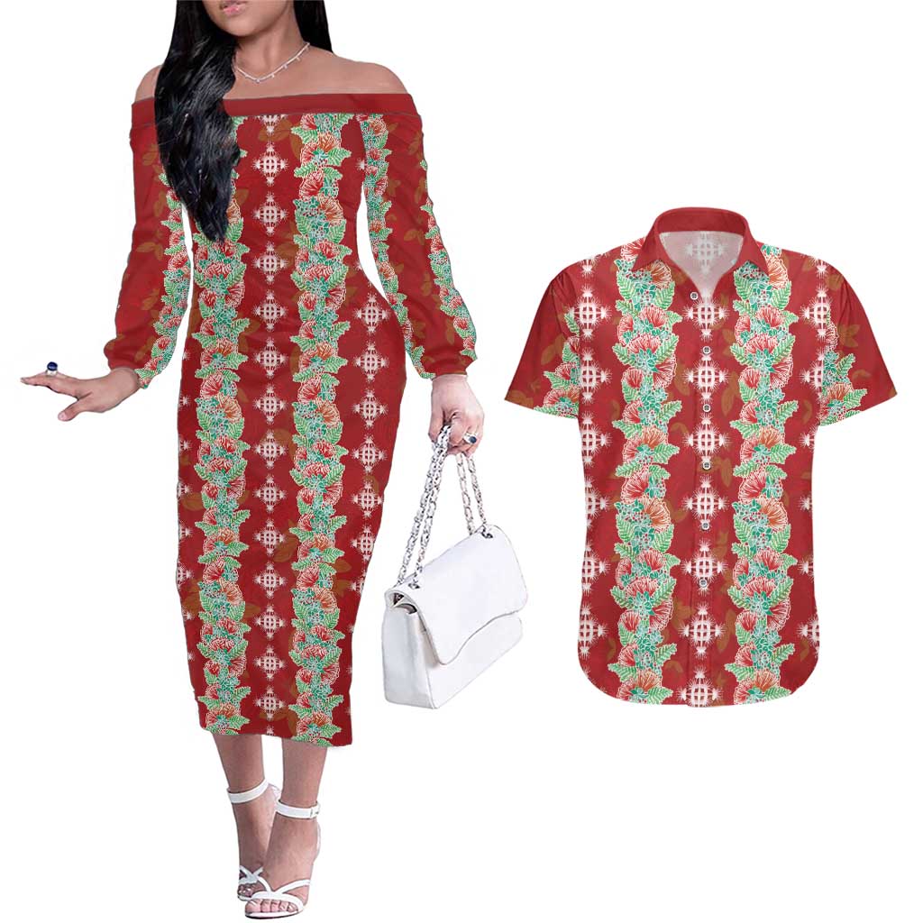 Hawaii Ohia Lehua Couples Matching Off The Shoulder Long Sleeve Dress and Hawaiian Shirt Tropical Vibes Crimson