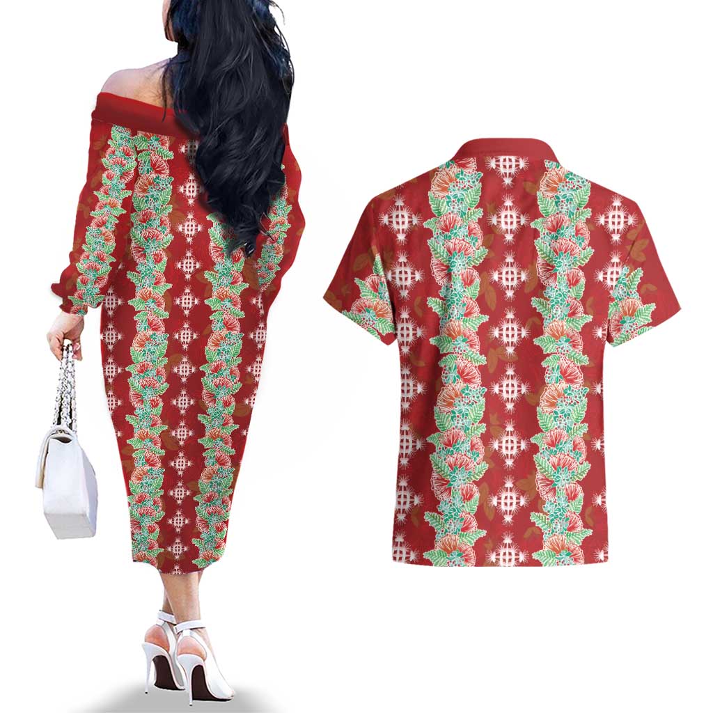 Hawaii Ohia Lehua Couples Matching Off The Shoulder Long Sleeve Dress and Hawaiian Shirt Tropical Vibes Crimson LT05 - Polynesian Pride