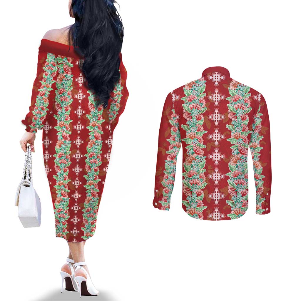 Hawaii Ohia Lehua Couples Matching Off The Shoulder Long Sleeve Dress and Long Sleeve Button Shirt Tropical Vibes Crimson