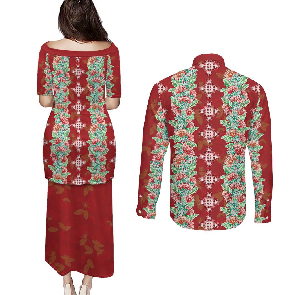Hawaii Ohia Lehua Couples Matching Puletasi and Long Sleeve Button Shirt Tropical Vibes Crimson