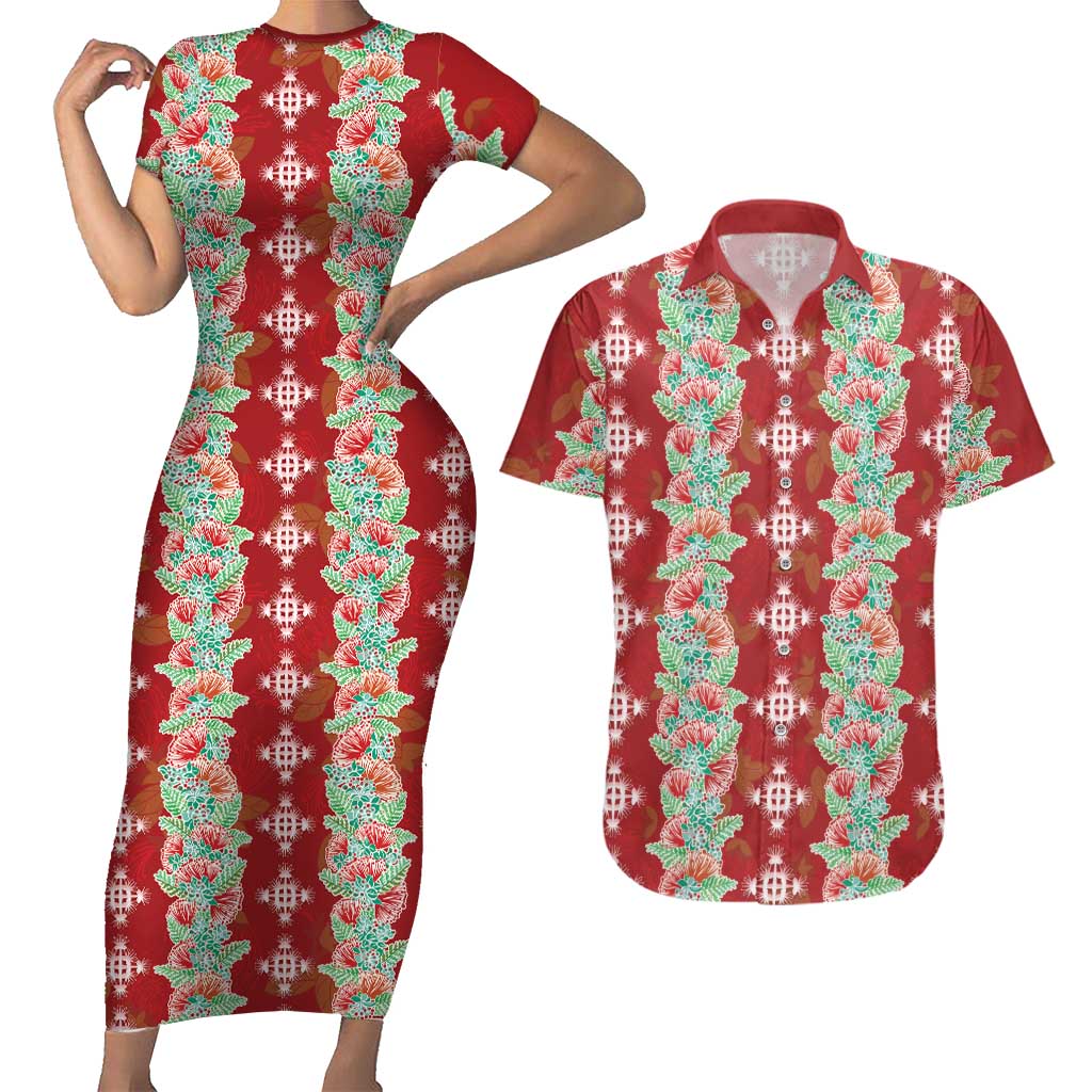 Hawaii Ohia Lehua Couples Matching Short Sleeve Bodycon Dress and Hawaiian Shirt Tropical Vibes Crimson
