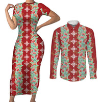Hawaii Ohia Lehua Couples Matching Short Sleeve Bodycon Dress and Long Sleeve Button Shirt Tropical Vibes Crimson