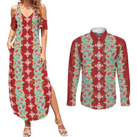 Hawaii Ohia Lehua Couples Matching Summer Maxi Dress and Long Sleeve Button Shirt Tropical Vibes Crimson