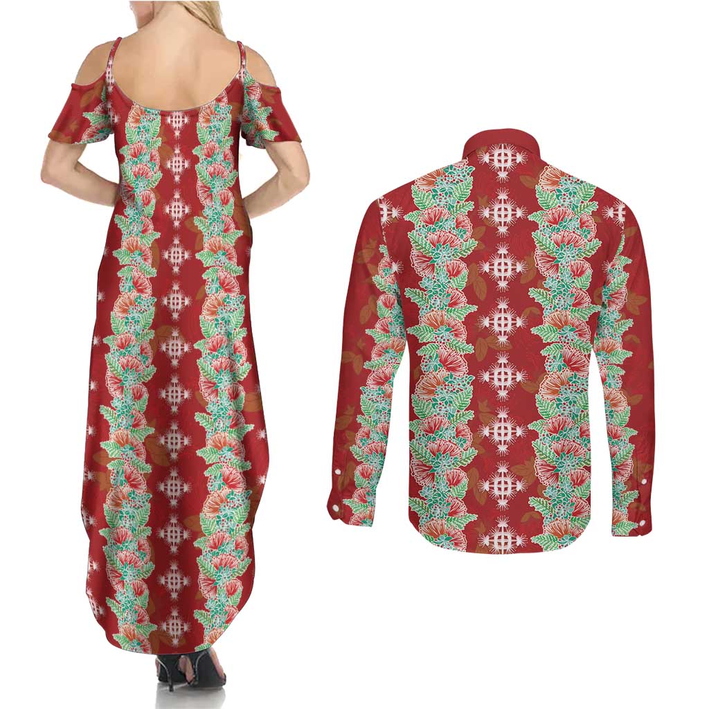 Hawaii Ohia Lehua Couples Matching Summer Maxi Dress and Long Sleeve Button Shirt Tropical Vibes Crimson