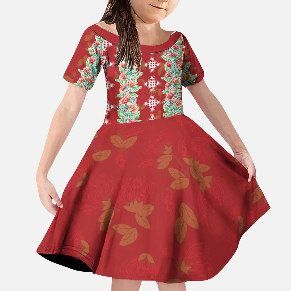 Hawaii Ohia Lehua Family Matching Off The Shoulder Long Sleeve Dress and Hawaiian Shirt Tropical Vibes Crimson LT05 Daughter's Dress Crimson - Polynesian Pride