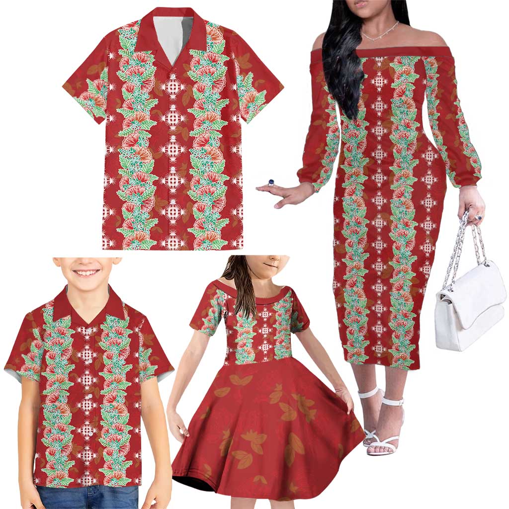 Hawaii Ohia Lehua Family Matching Off The Shoulder Long Sleeve Dress and Hawaiian Shirt Tropical Vibes Crimson LT05 - Polynesian Pride