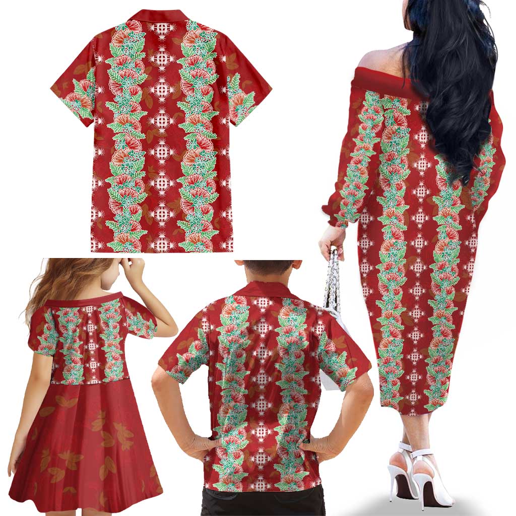 Hawaii Ohia Lehua Family Matching Off The Shoulder Long Sleeve Dress and Hawaiian Shirt Tropical Vibes Crimson LT05 - Polynesian Pride