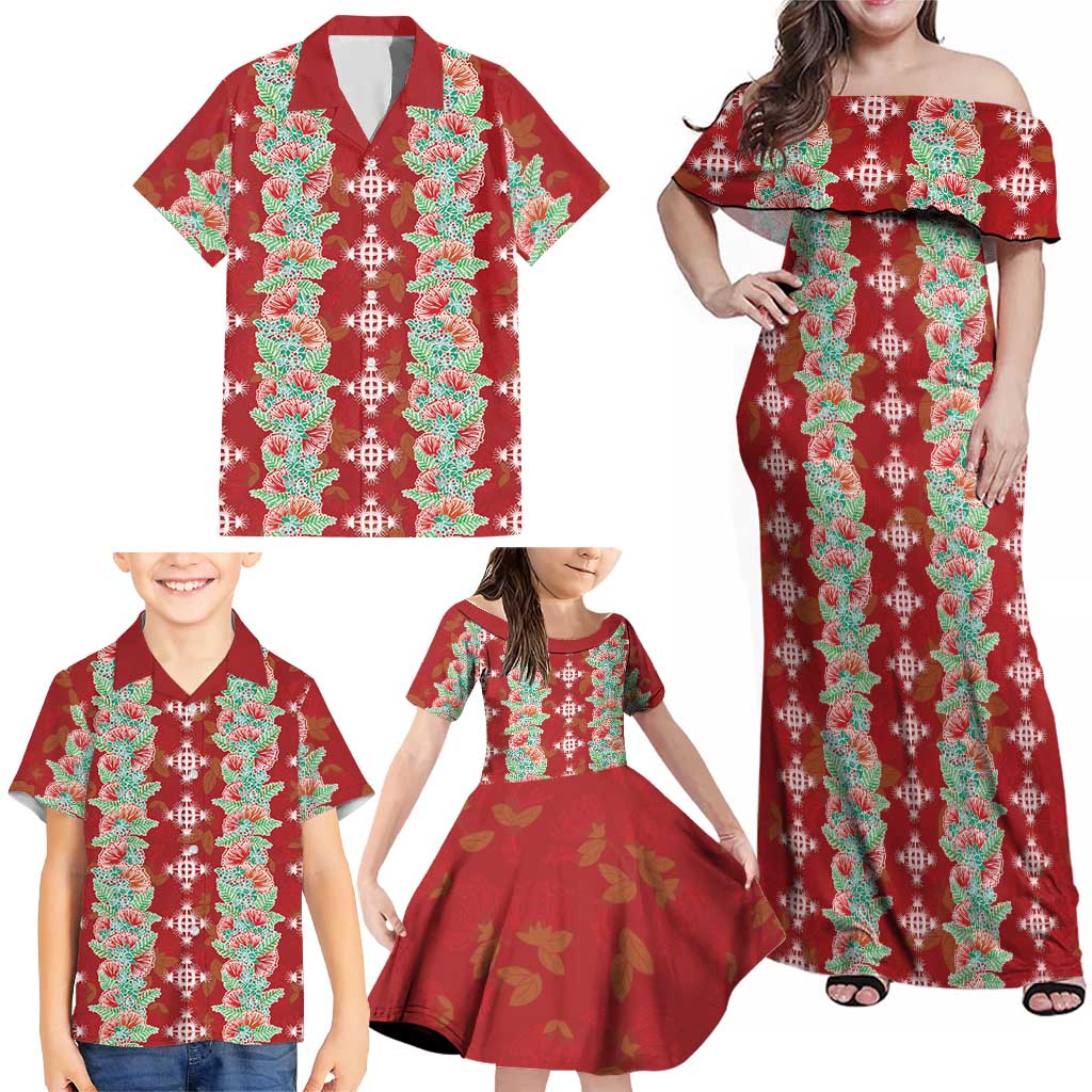 Hawaii Ohia Lehua Family Matching Off Shoulder Maxi Dress and Hawaiian Shirt Tropical Vibes Crimson LT05 - Polynesian Pride