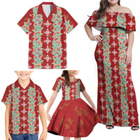 Hawaii Ohia Lehua Family Matching Off Shoulder Maxi Dress and Hawaiian Shirt Tropical Vibes Crimson LT05 - Polynesian Pride